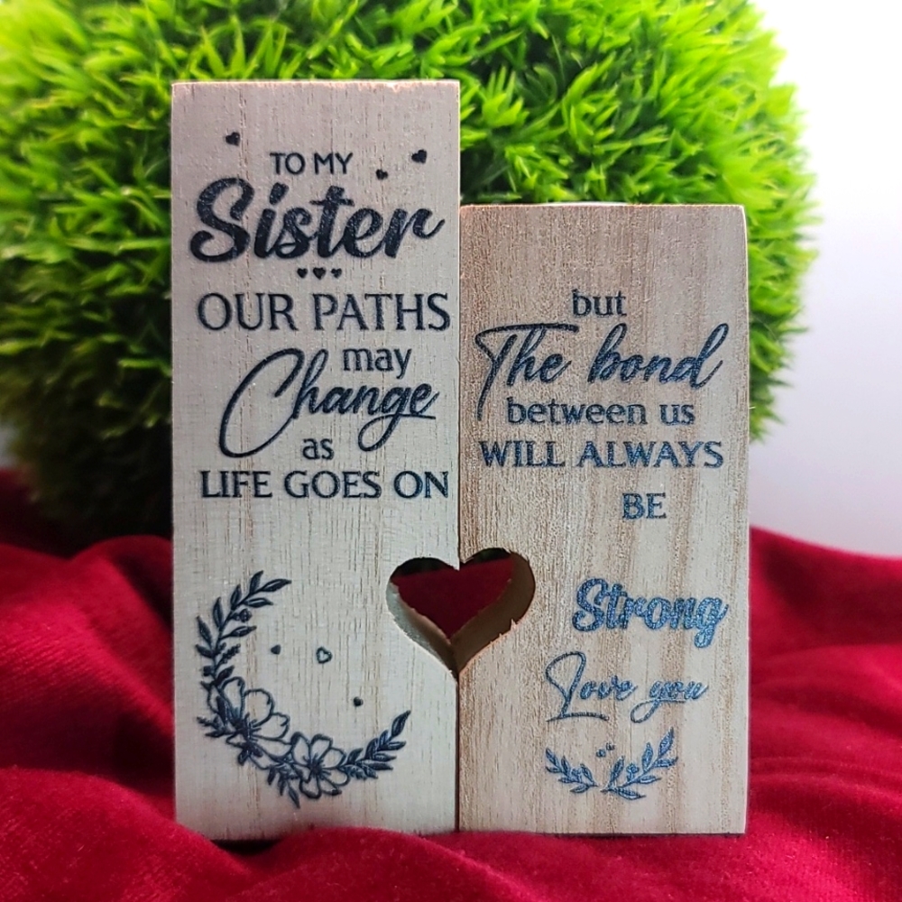 TO MY SISTER poem on dual wooden pedestal tea light candle holders NWT